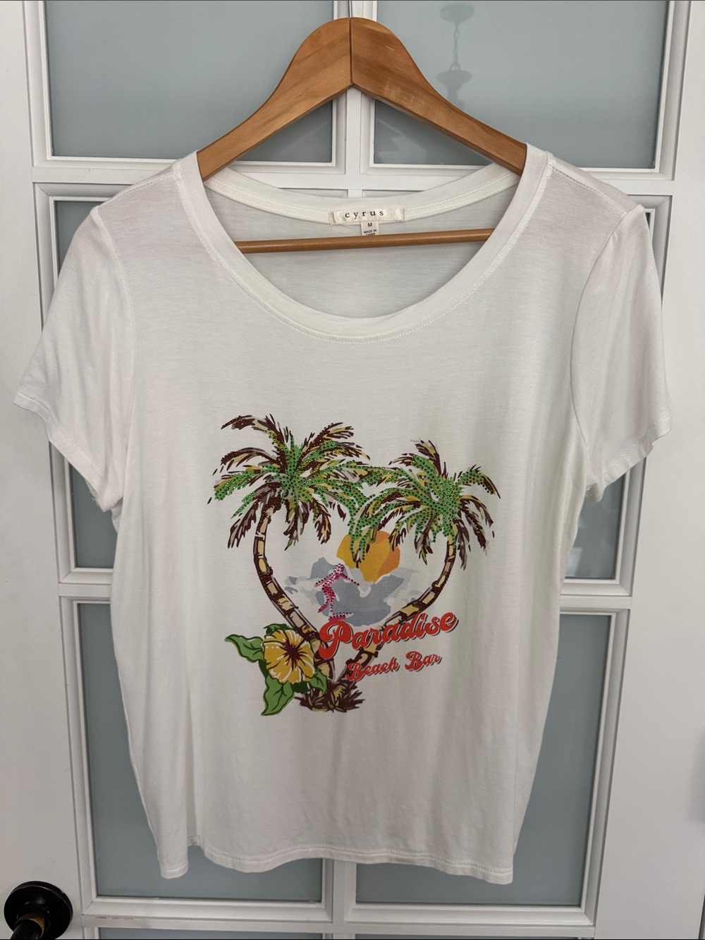 Cyrus White Short-Sleeve Palm Tree Embellished Graphic Tee